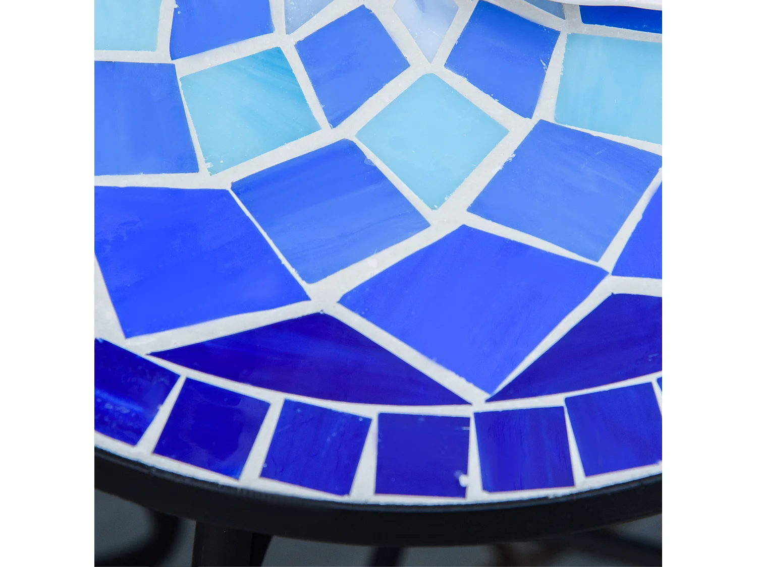 Tavolino da giardino rotondo in metallo e ceramica blu bianco