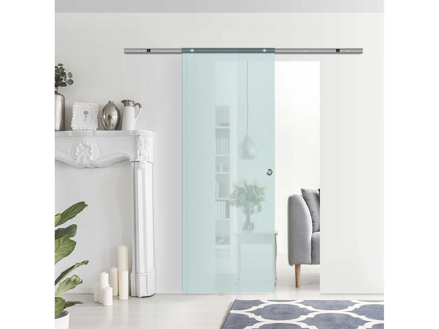 Porta scorrevole con kit di montaggio e binario in vetro smerigliato