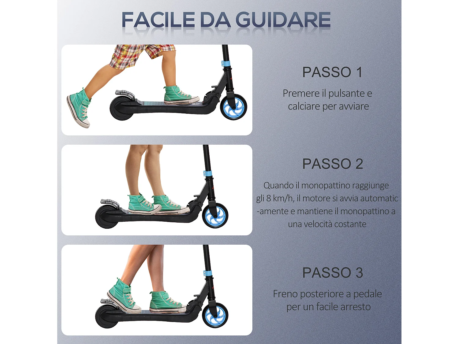 Monopattino elettrico pieghevole per bambini 6+ anni nero e azzurro