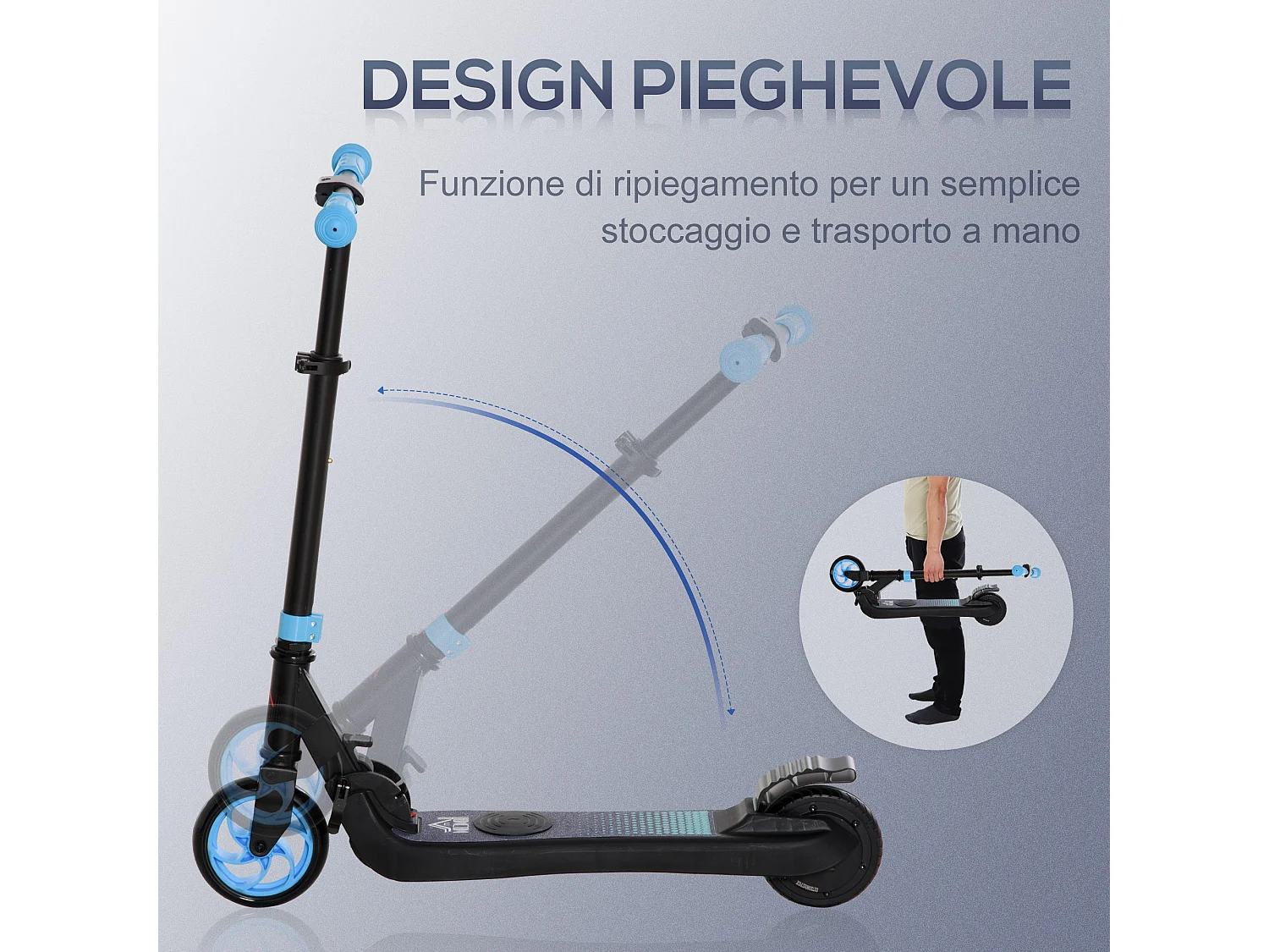 Monopattino elettrico pieghevole per bambini 6+ anni nero e azzurro