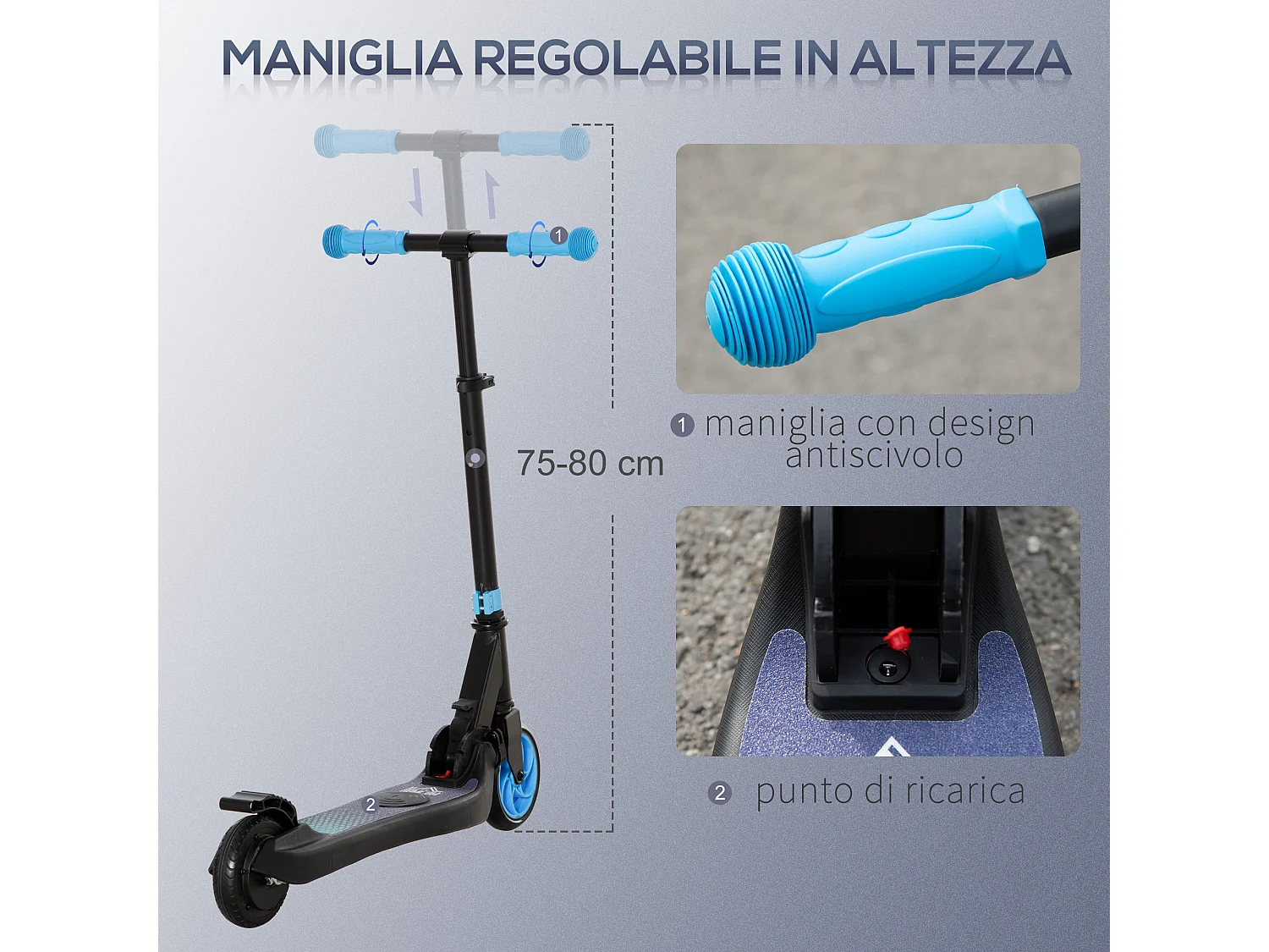 Monopattino elettrico pieghevole per bambini 6+ anni nero e azzurro