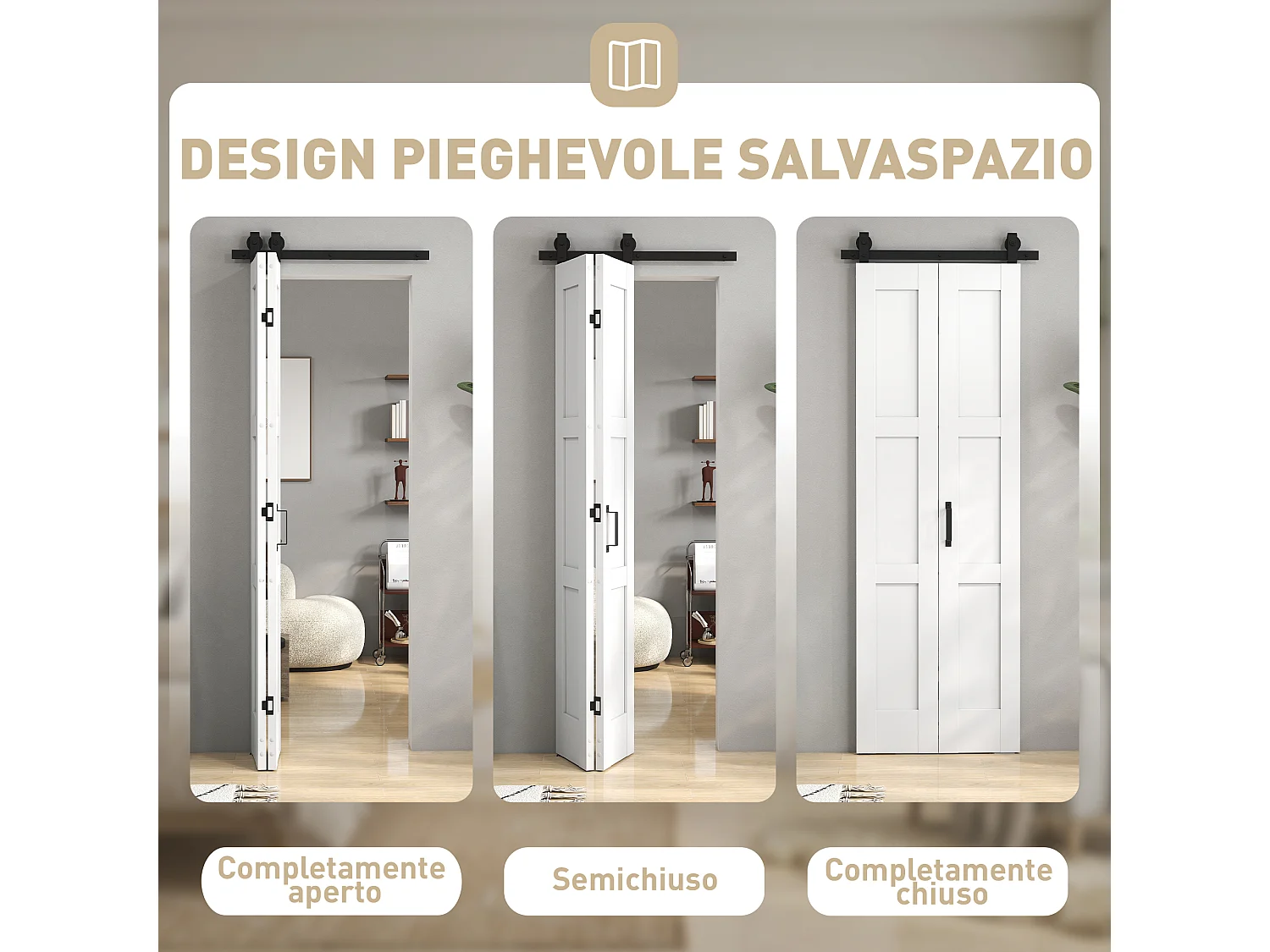 Porta scorrevole pieghevole con binario e maniglia 71x213 cm bianco