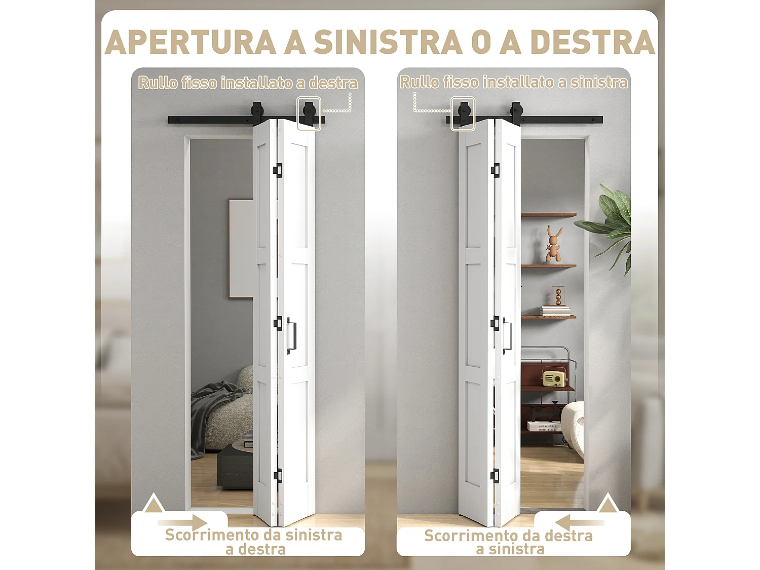 Porta scorrevole pieghevole con binario e maniglia 71x213 cm bianco