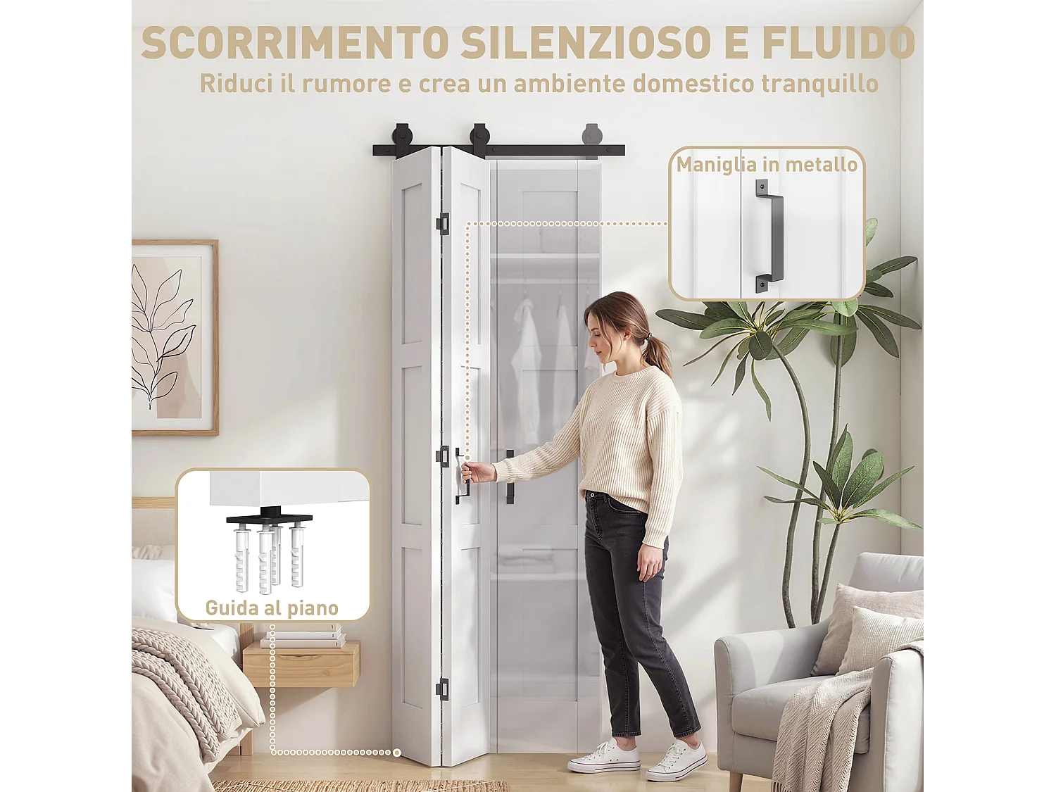 Porta scorrevole pieghevole con binario e maniglia 71x213 cm bianco