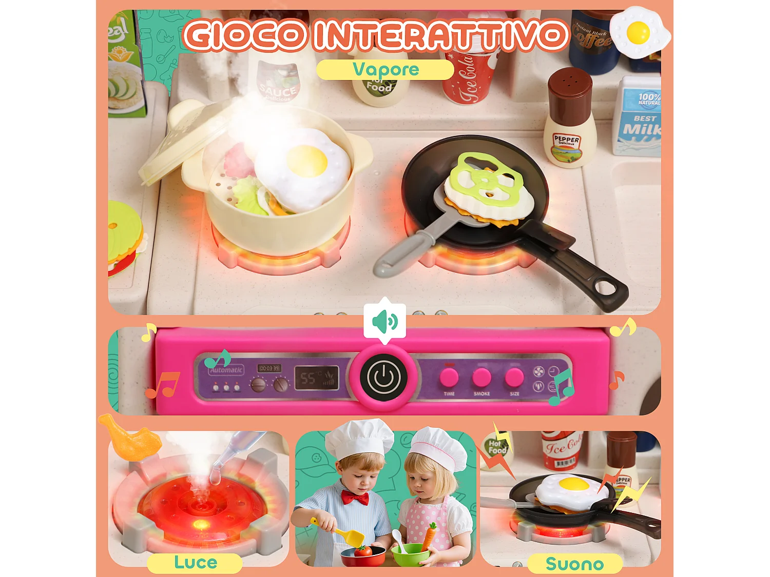 Cucina giocattolo per bambini 3-6 anni con 104 accessori rosa