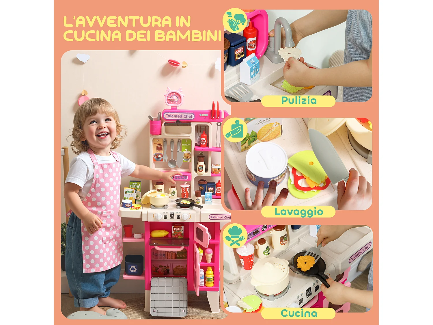 Cucina giocattolo per bambini 3-6 anni con 104 accessori rosa