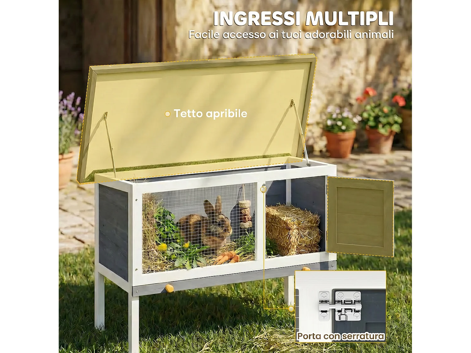 Conigliera da esterno con vassoio estraibile e tetto apribile grigio