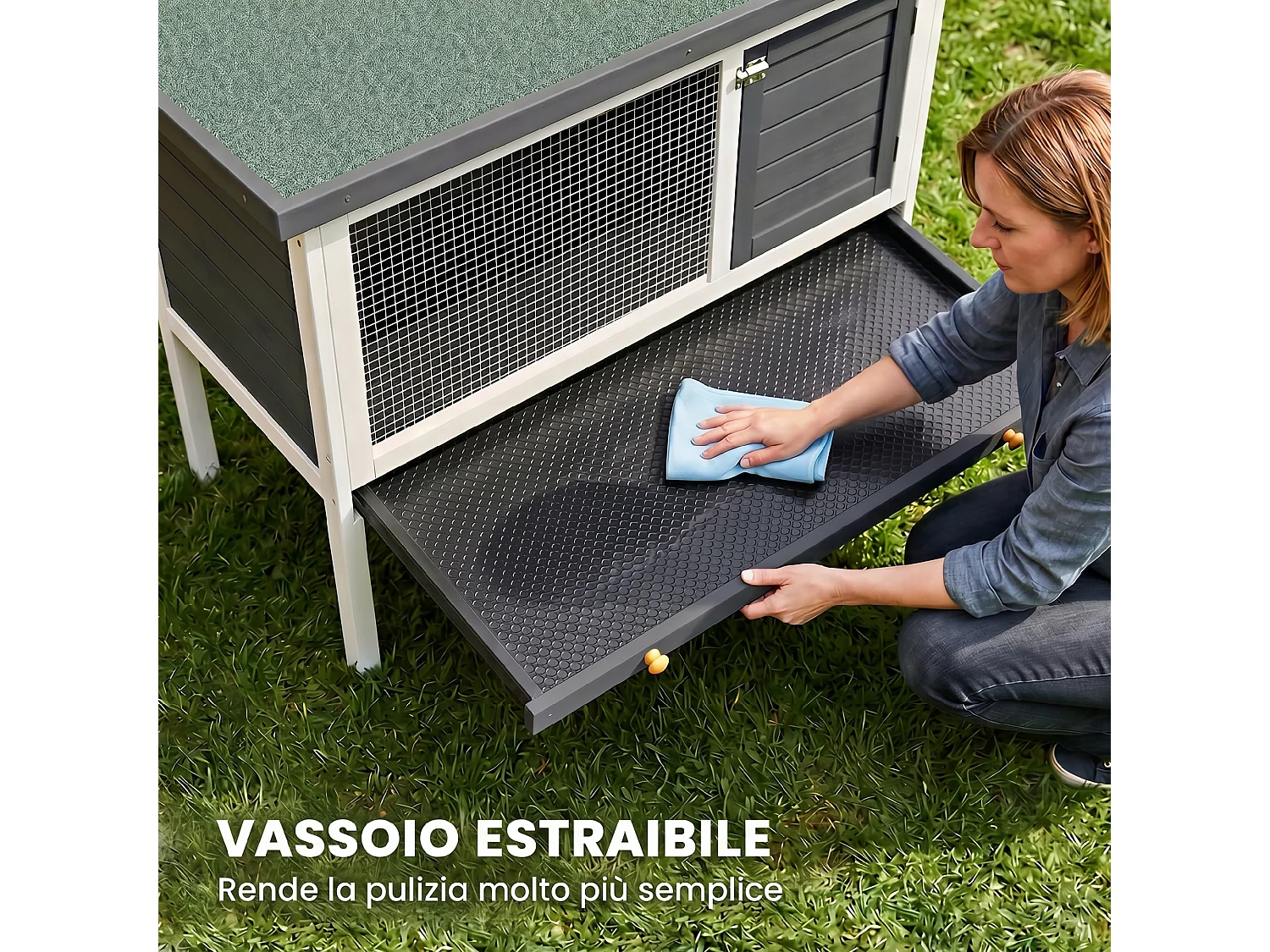Conigliera da esterno con vassoio estraibile e tetto apribile grigio