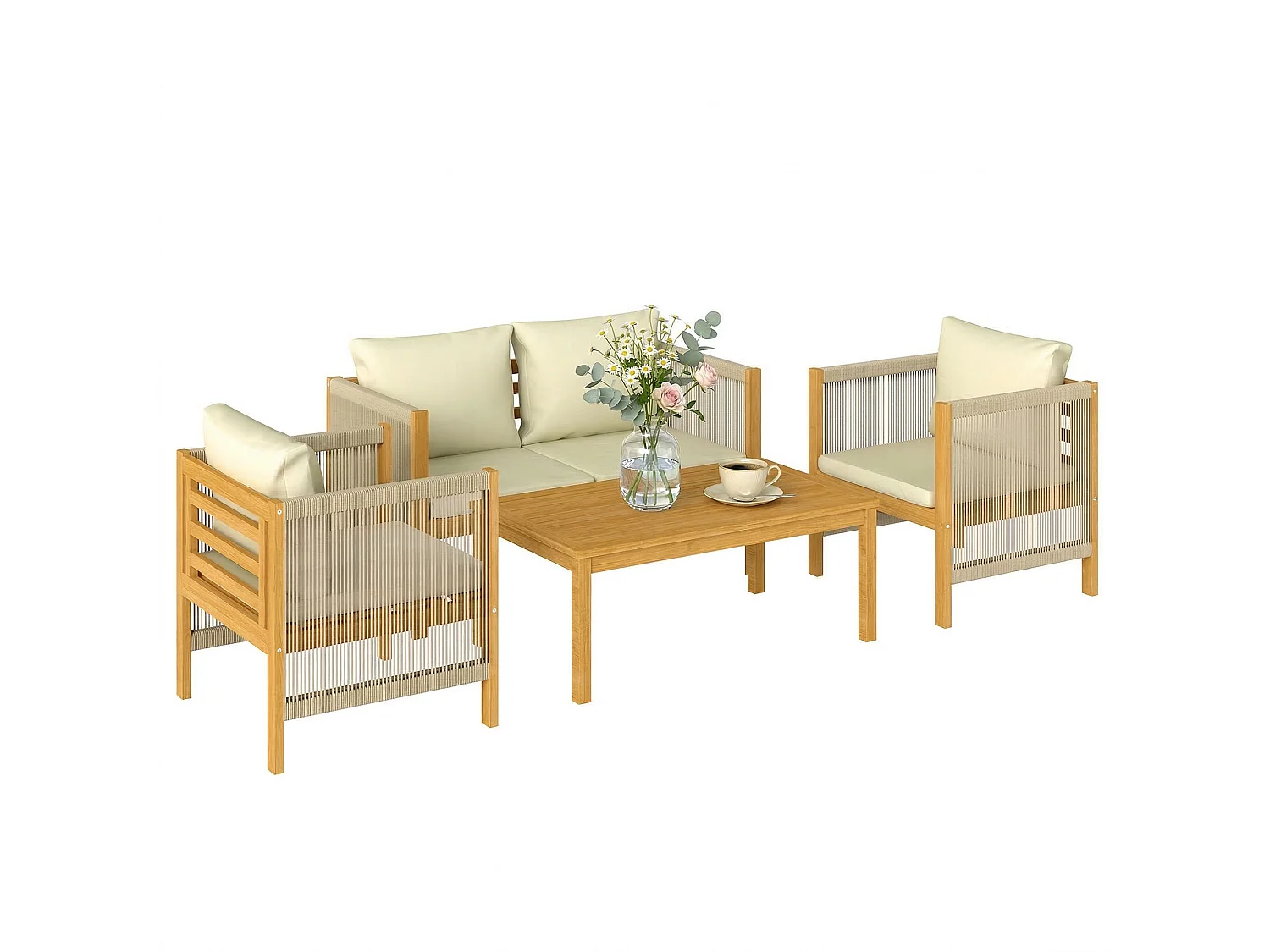 Set mobili da giardino con cuscini legno acacia beige