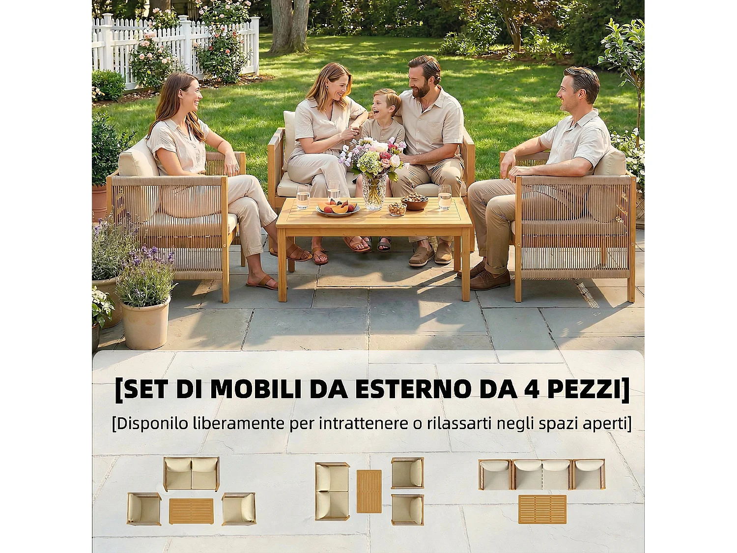 Set mobili da giardino con cuscini legno acacia beige