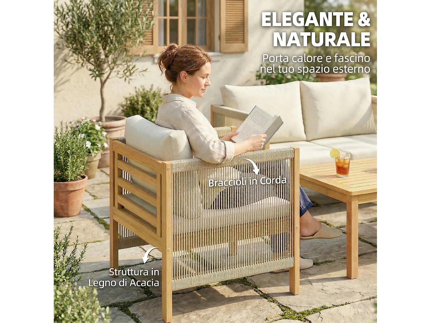 Set mobili da giardino con cuscini legno acacia beige