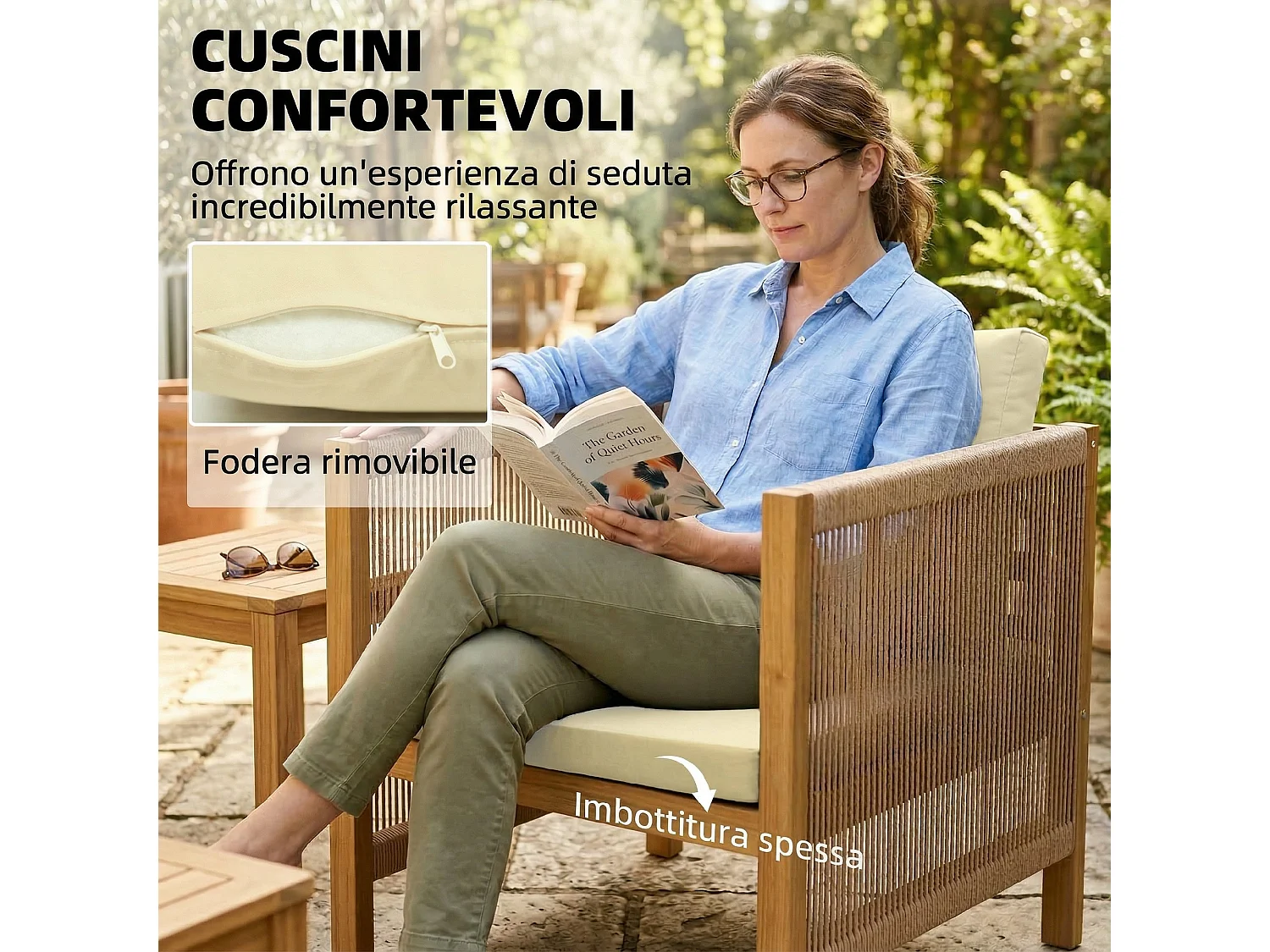Set mobili da giardino con cuscini legno acacia beige