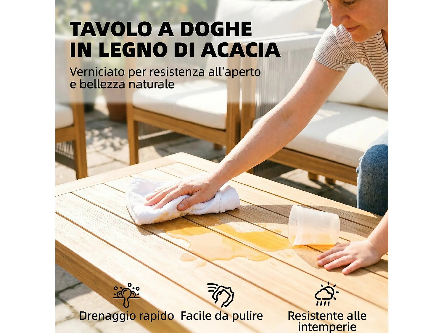 Set mobili da giardino con cuscini legno acacia beige
