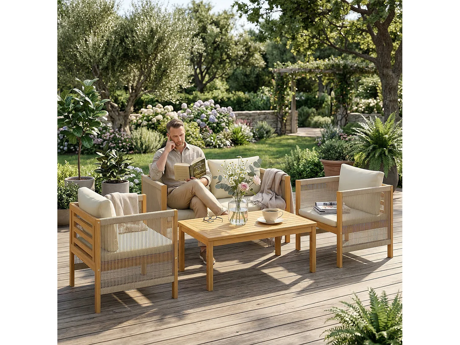 Set mobili da giardino con cuscini legno acacia beige