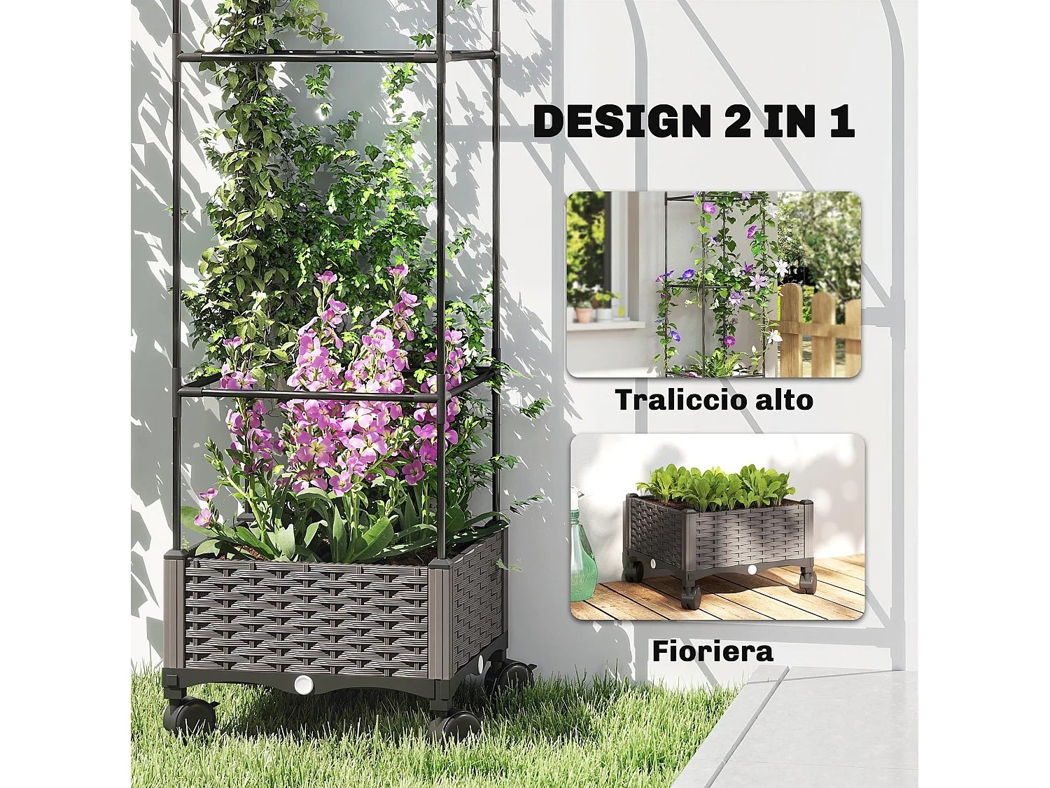 Fioriera rialzata con traliccio da 185 cm con rotelle nero