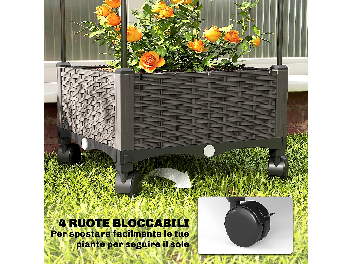 Fioriera rialzata con traliccio da 185 cm con rotelle nero