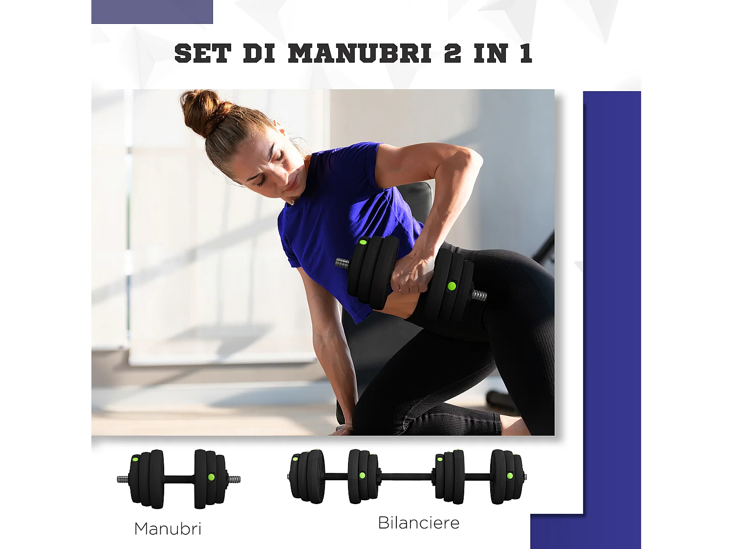 Set 2 in 1 con 2 manubri convertibili in bilanciere da 25kg
