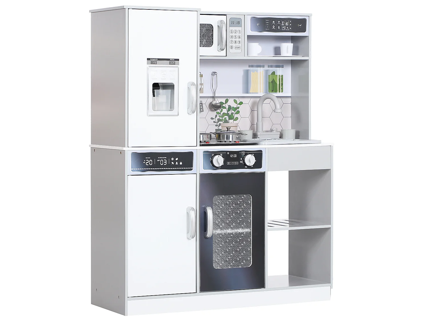 Set cucina giocattolo con luci e suoni e accessori in legno bianco