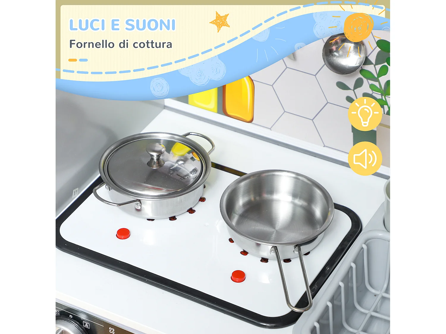 Set cucina giocattolo con luci e suoni e accessori in legno bianco