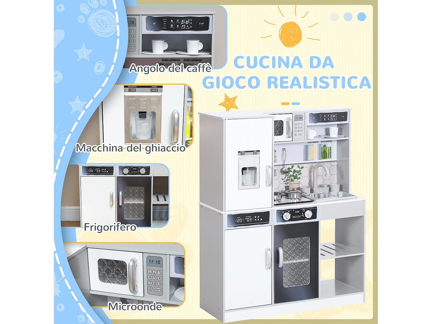 Set cucina giocattolo con luci e suoni e accessori in legno bianco