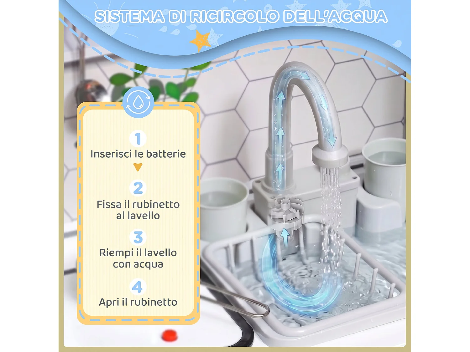 Set cucina giocattolo con luci e suoni e accessori in legno bianco