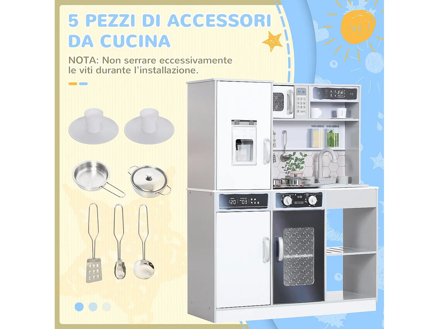 Set cucina giocattolo con luci e suoni e accessori in legno bianco
