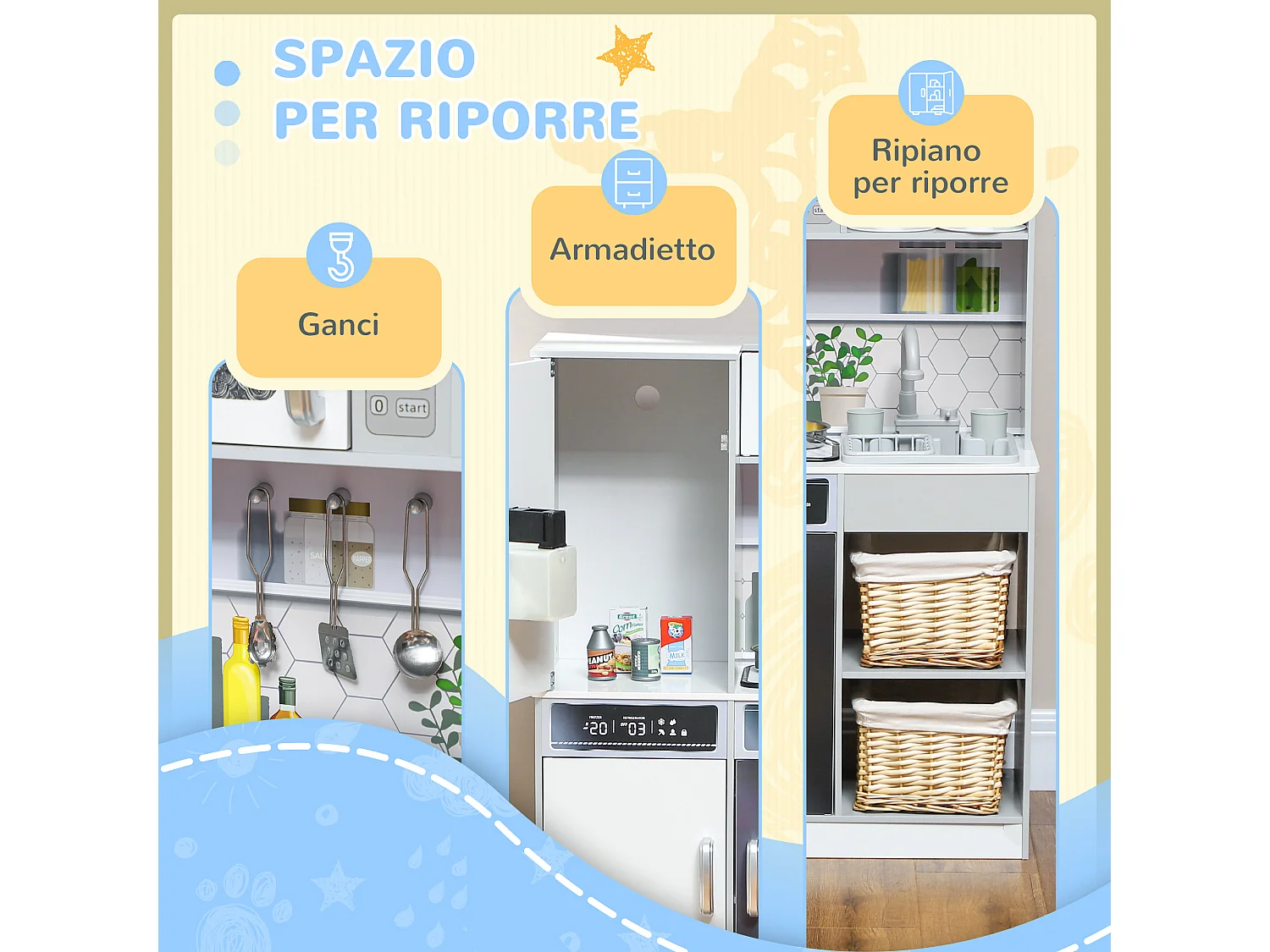 Set cucina giocattolo con luci e suoni e accessori in legno bianco