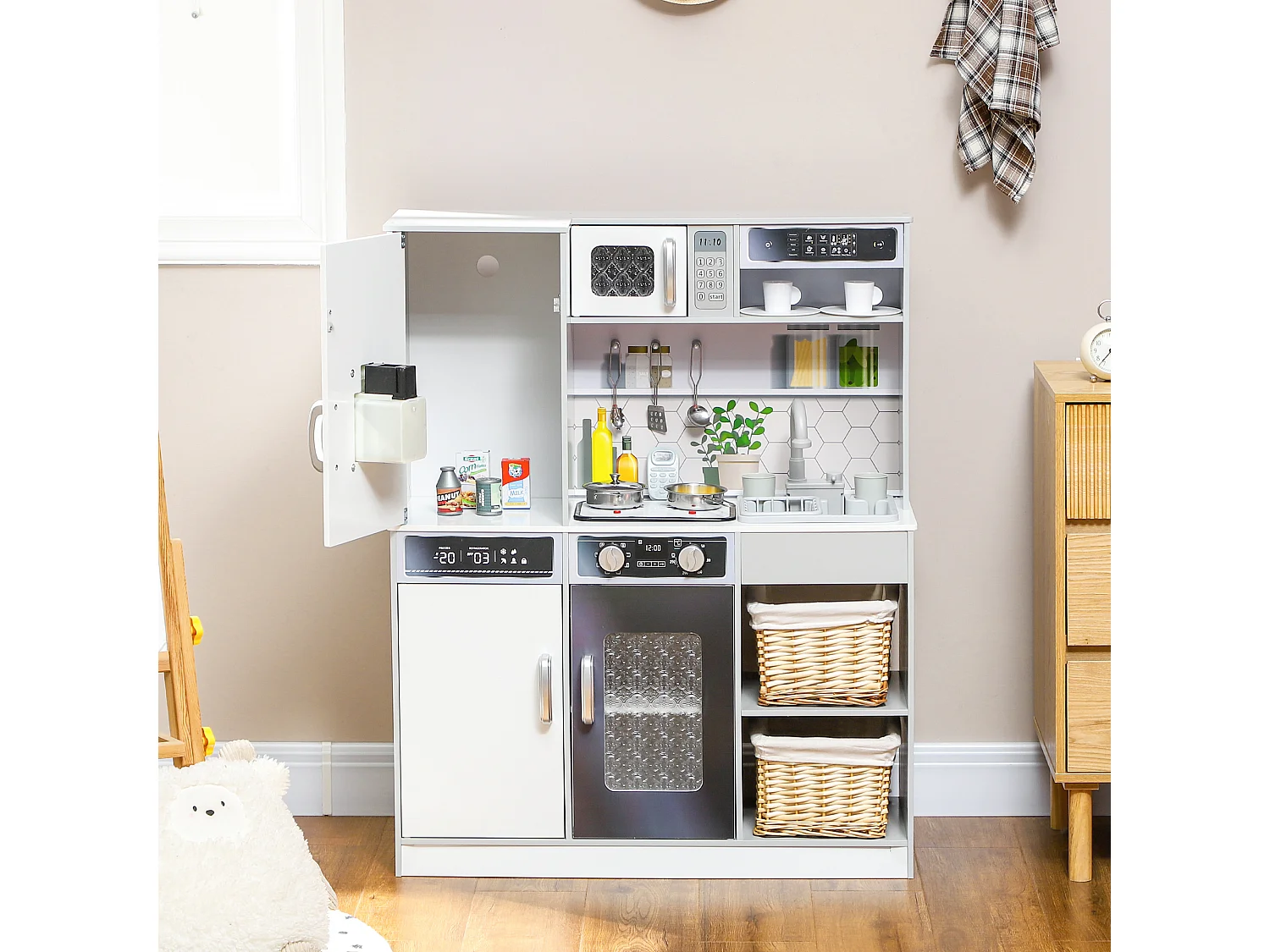 Set cucina giocattolo con luci e suoni e accessori in legno bianco