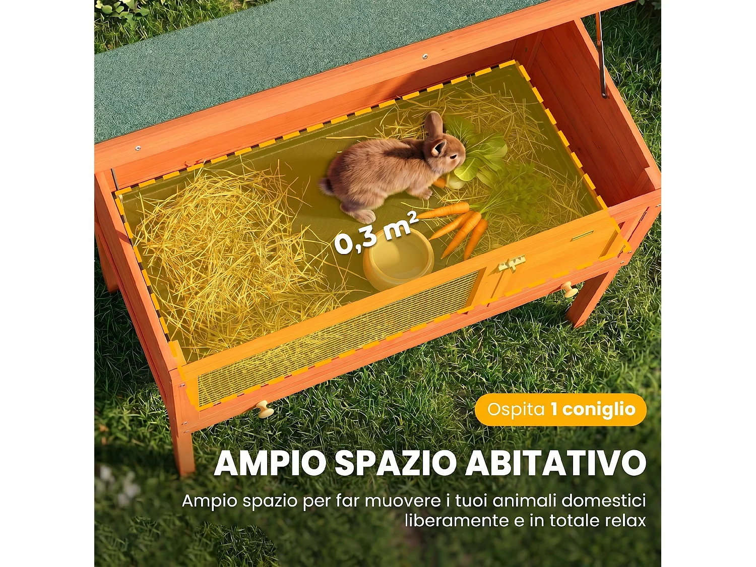 Casetta per conigli con tetto apribile in legno arancione