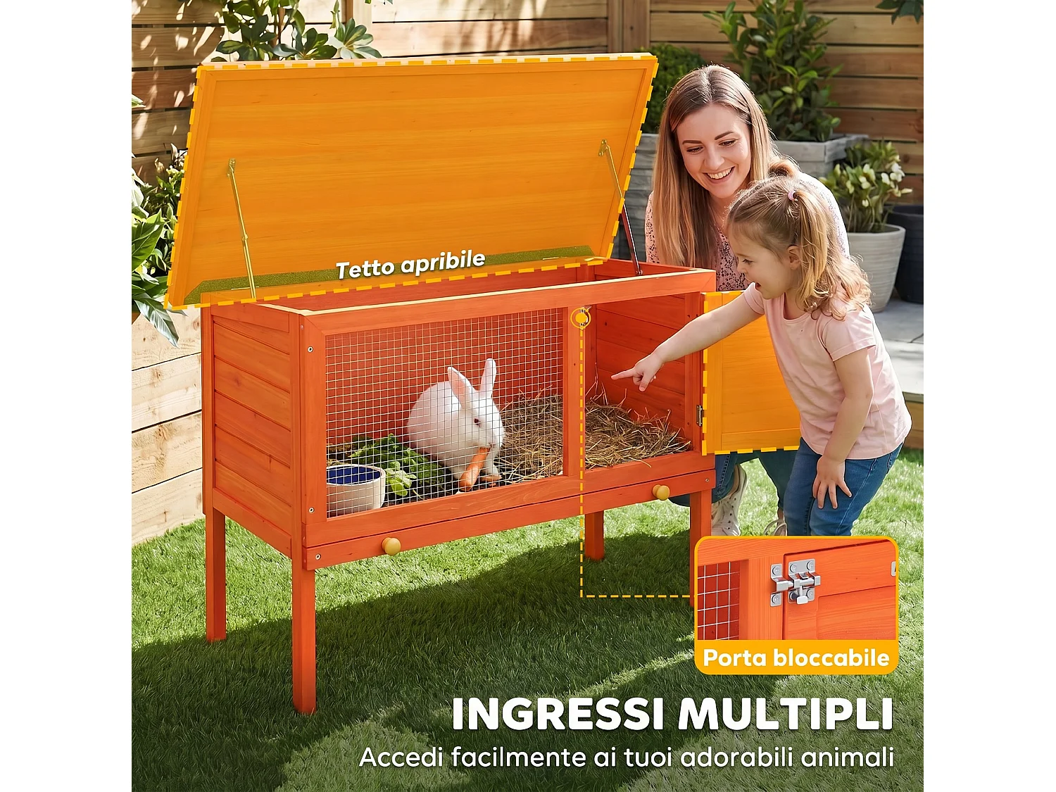 Casetta per conigli con tetto apribile in legno arancione