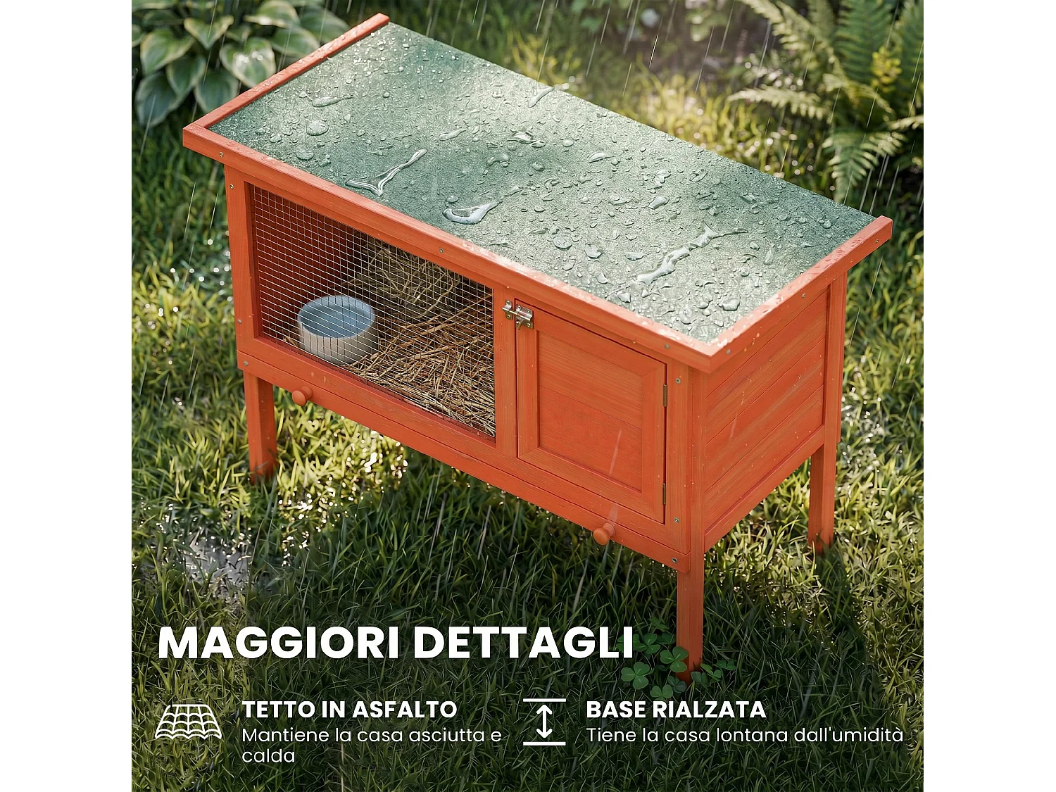 Casetta per conigli con tetto apribile in legno arancione