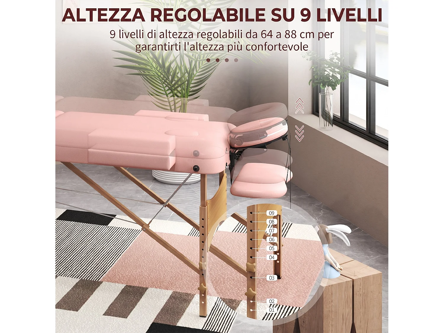 Lettino da massaggio pieghevole con altezza regolabile rosa