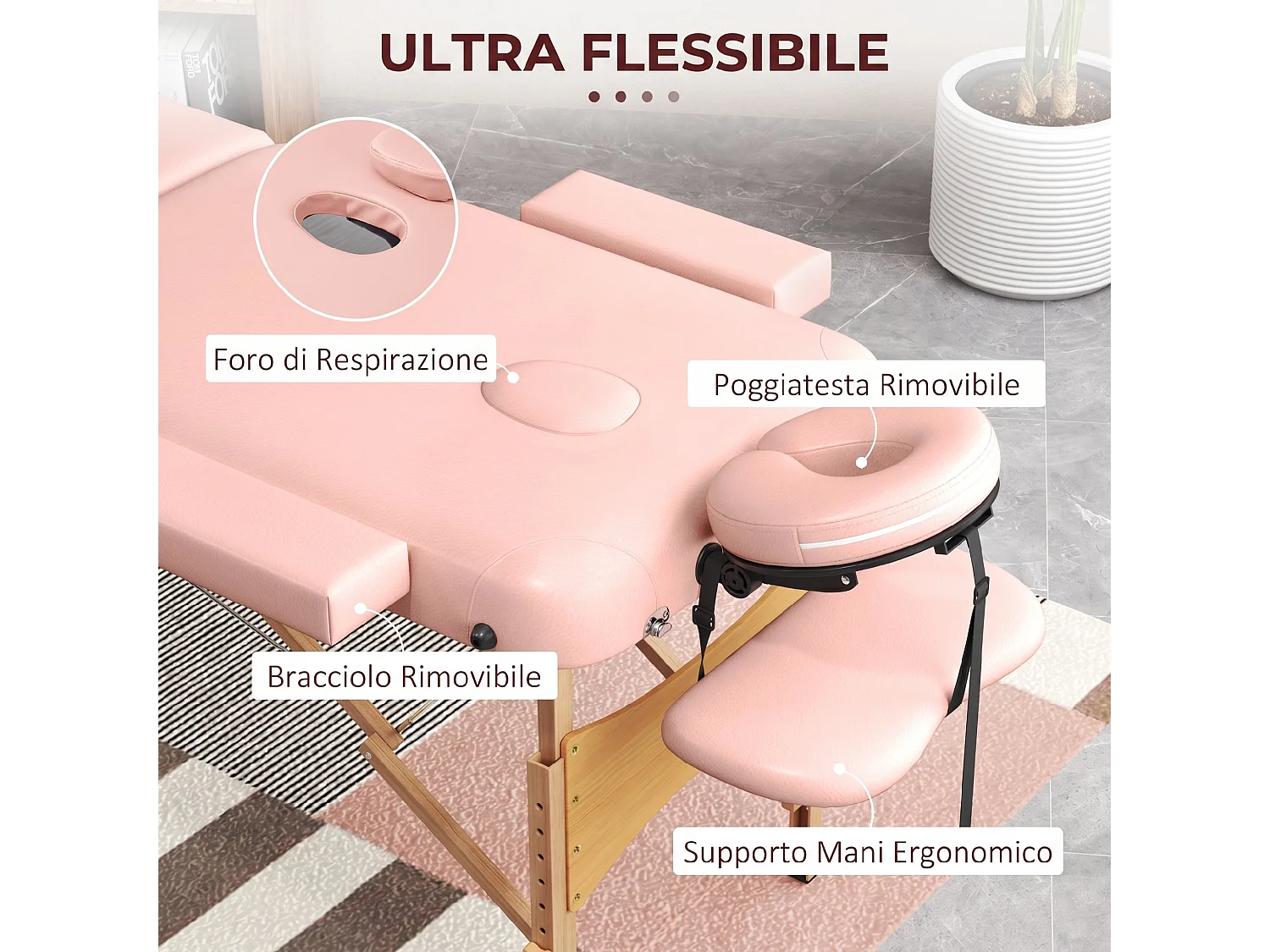 Lettino da massaggio pieghevole con altezza regolabile rosa