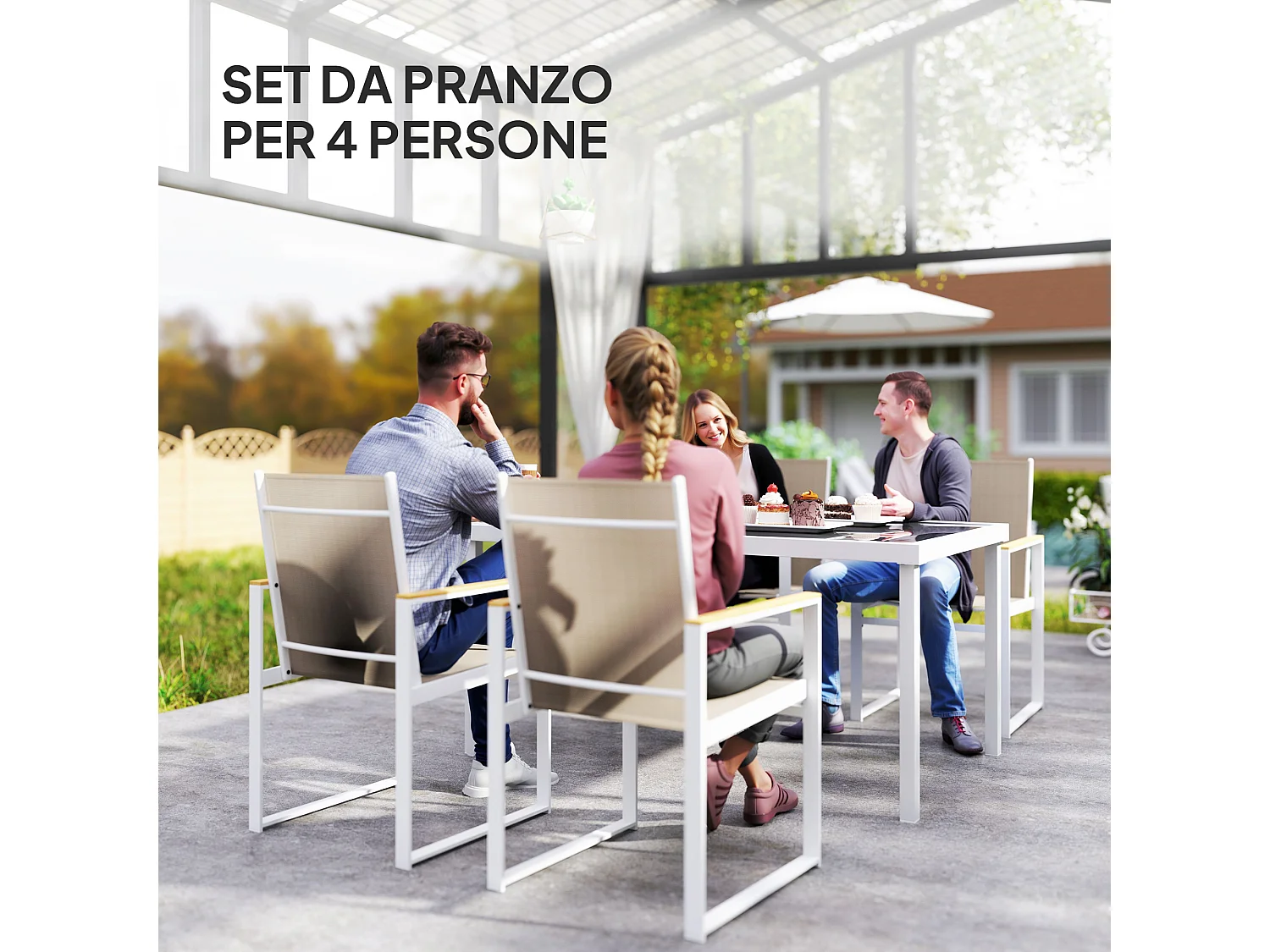 Set tavolo da giardino e 4 sedie con braccioli in vetro e acciaio