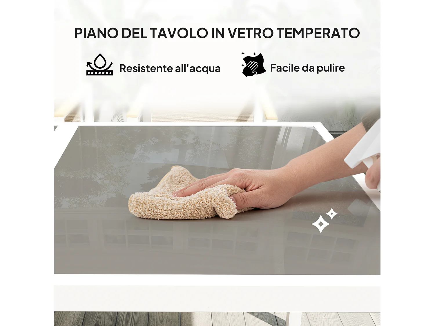 Set tavolo da giardino e 4 sedie con braccioli in vetro e acciaio