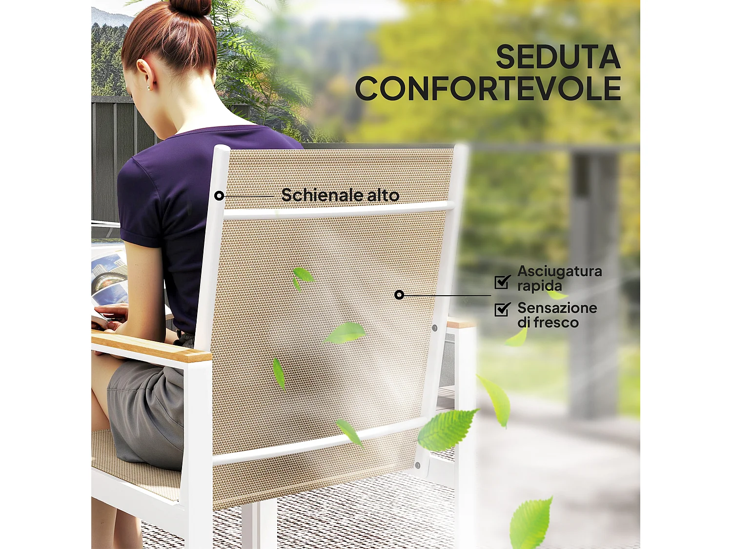 Set tavolo da giardino e 4 sedie con braccioli in vetro e acciaio