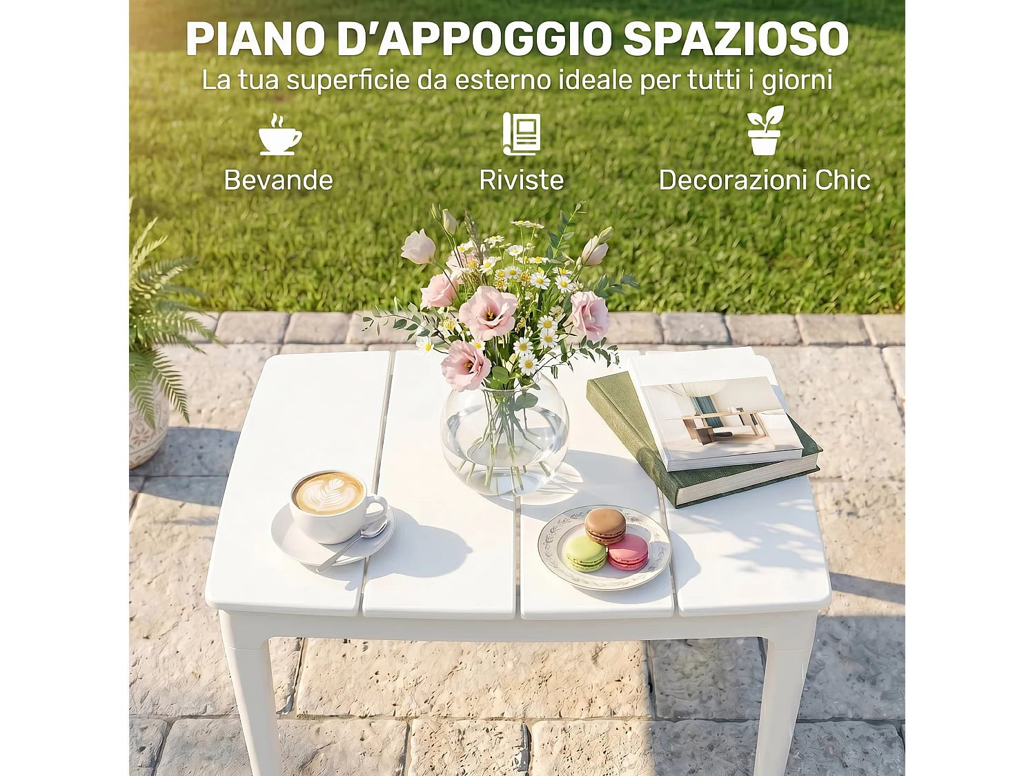 Tavolino da caffè da esterno in plastica bianco crema