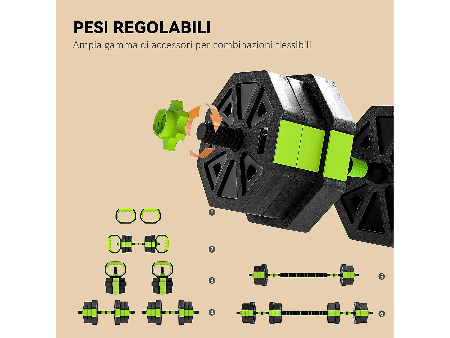 Set pesi palestra 6-1 multifunzione da 20kg totali verde