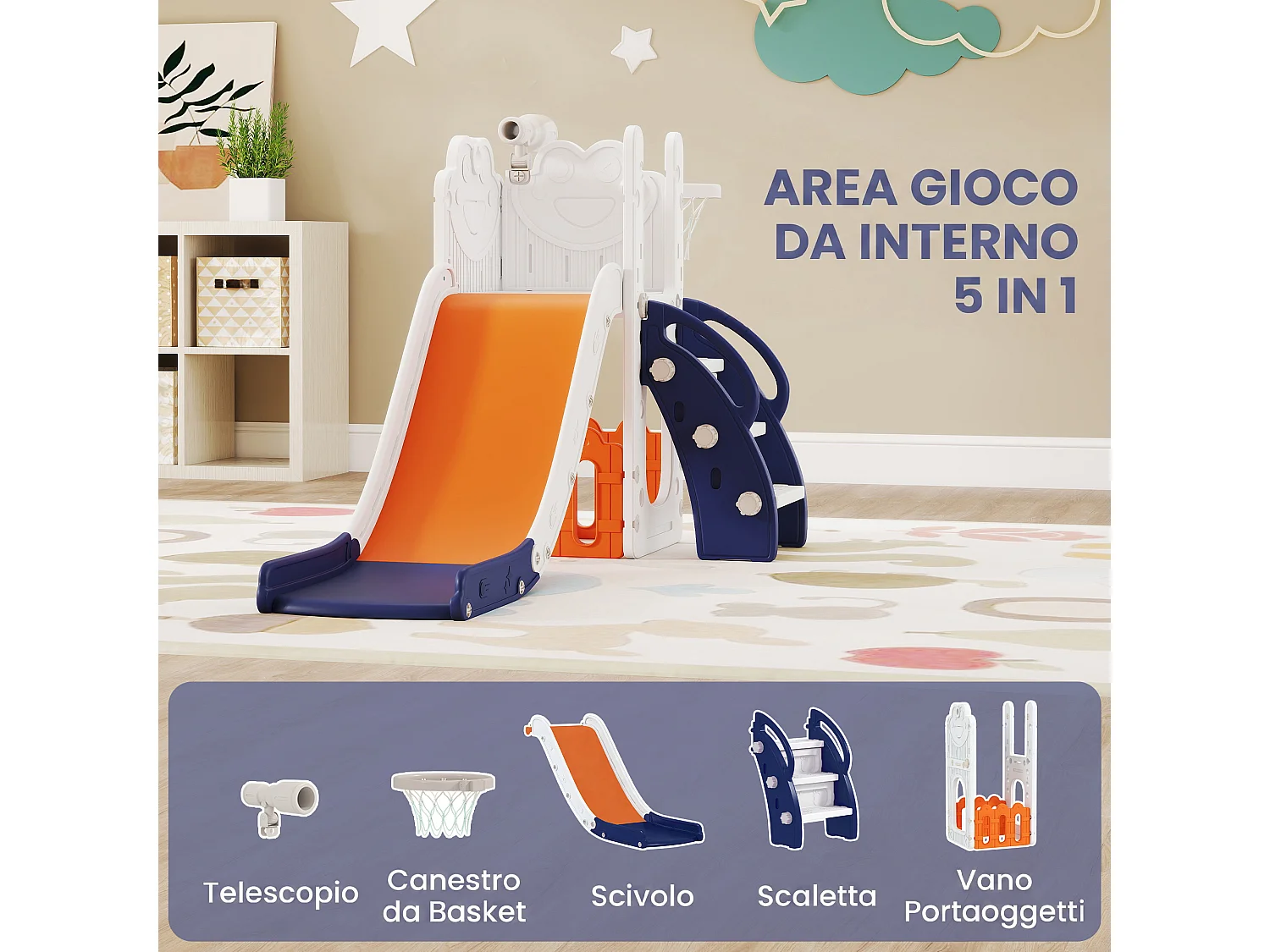 Set scivolo per bambini 1-3 anni con canestro e telescopio blu scuro