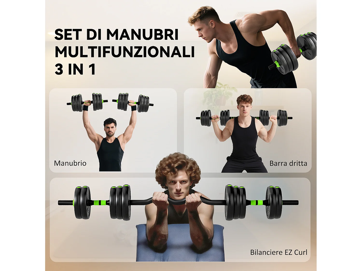 Set bilanciere con pesi 3 in 1 da 16 dischi in plastica e sabbia verde