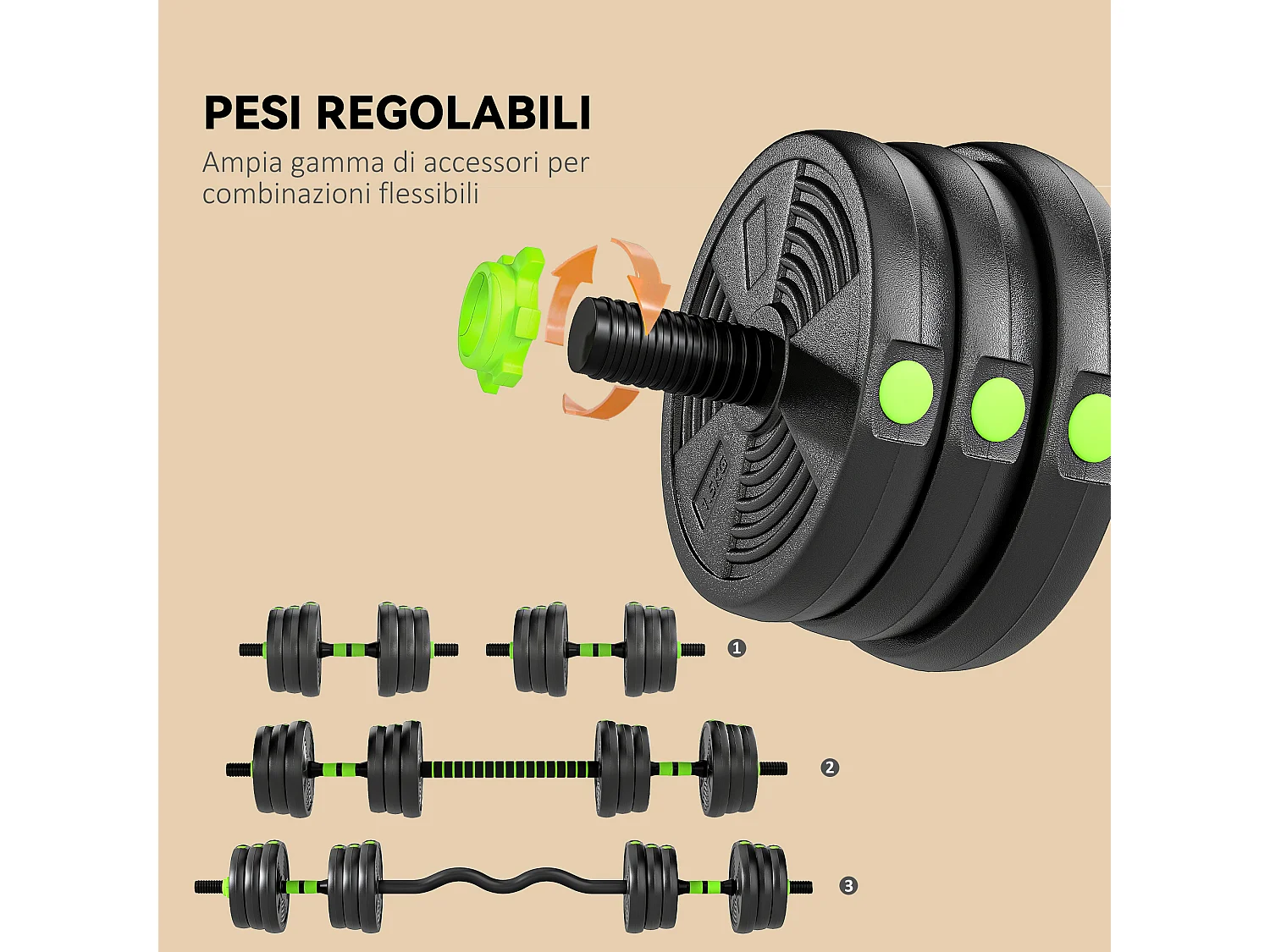 Set bilanciere con pesi 3 in 1 da 16 dischi in plastica e sabbia verde