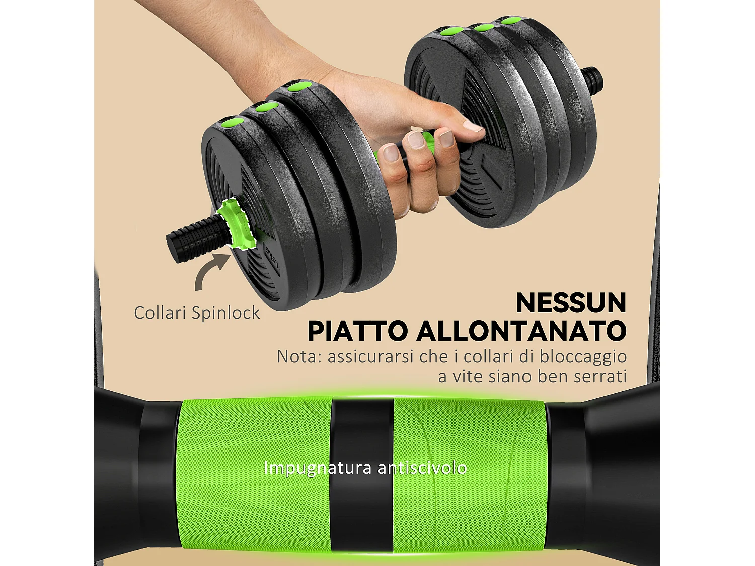 Set bilanciere con pesi 3 in 1 da 16 dischi in plastica e sabbia verde