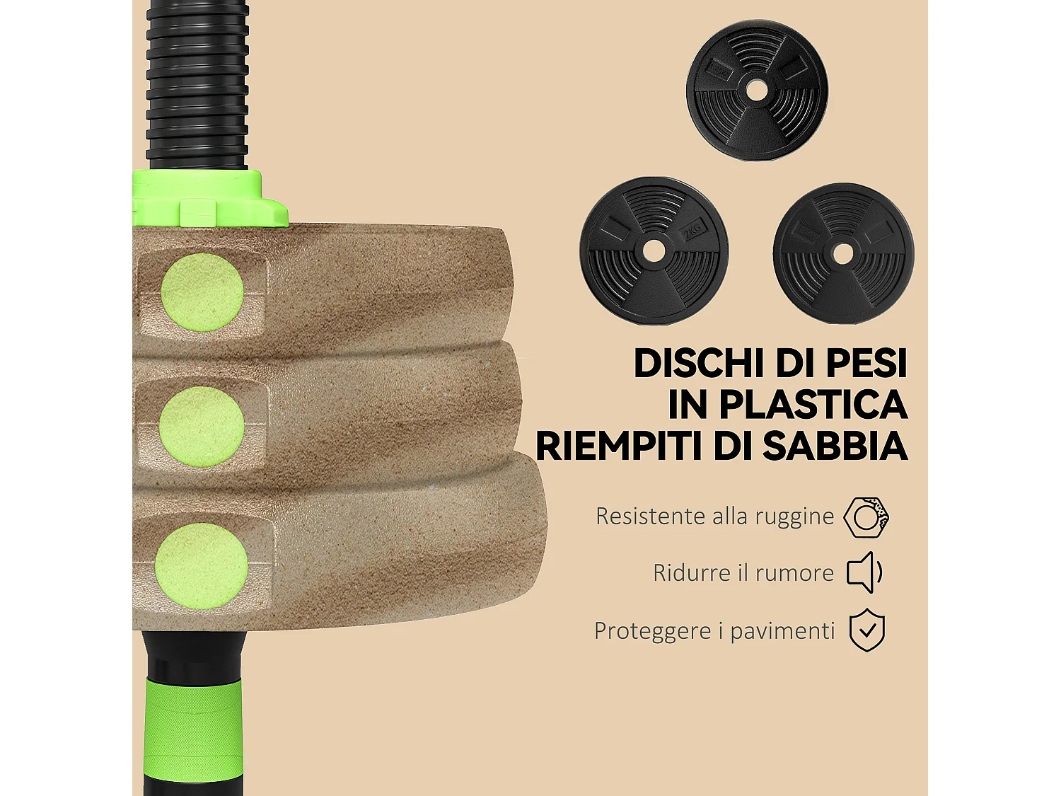 Set bilanciere con pesi 3 in 1 da 16 dischi in plastica e sabbia verde