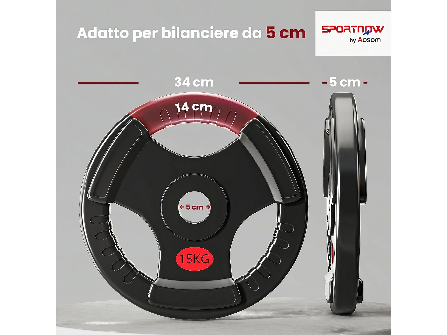 Set di dischi pesi 2x15 kg con foro da 5 cm e 3 impugnature