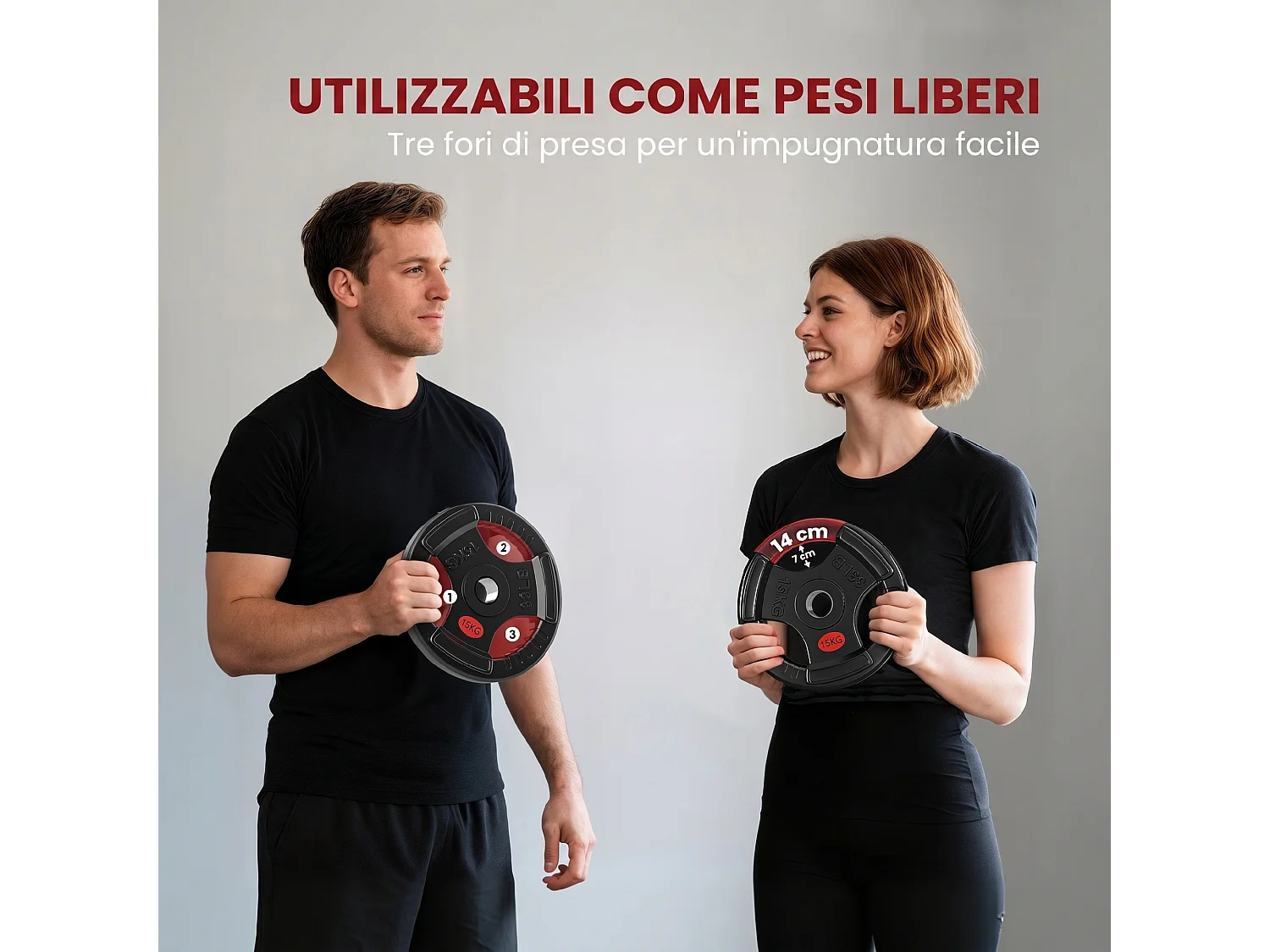 Set di dischi pesi 2x15 kg con foro da 5 cm e 3 impugnature