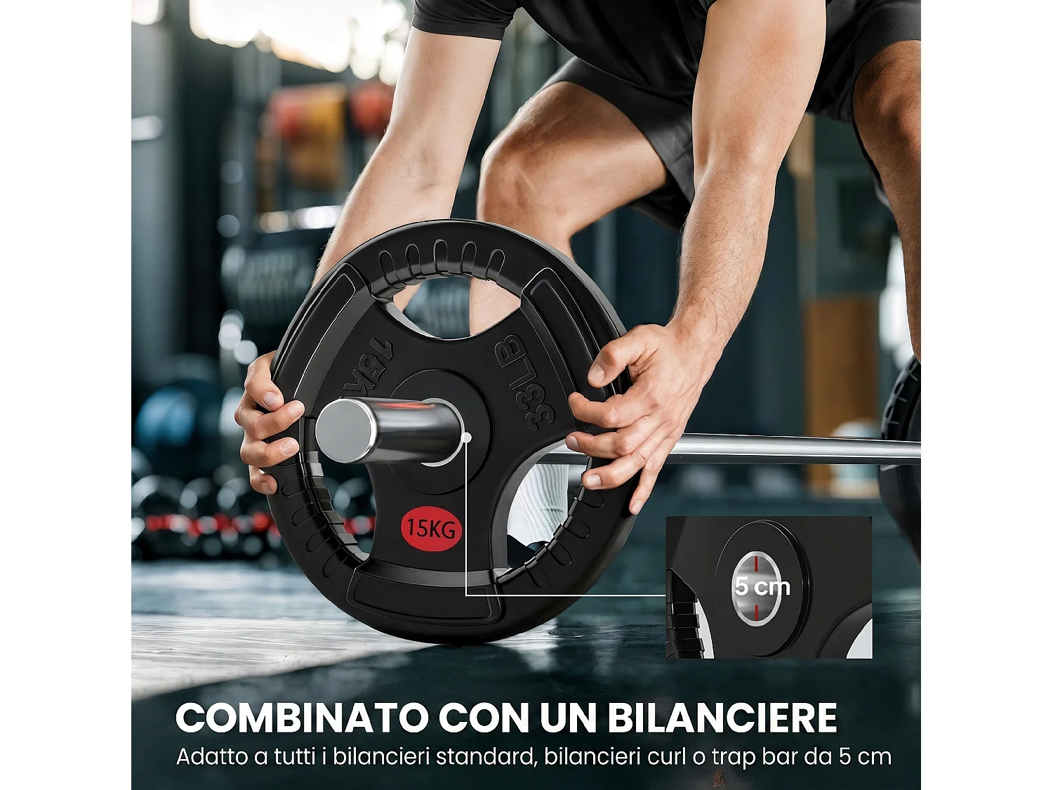 Set di dischi pesi 2x15 kg con foro da 5 cm e 3 impugnature