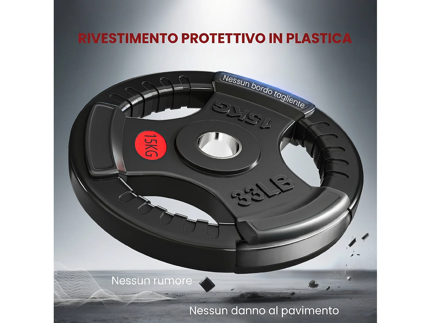 Set di dischi pesi 2x15 kg con foro da 5 cm e 3 impugnature