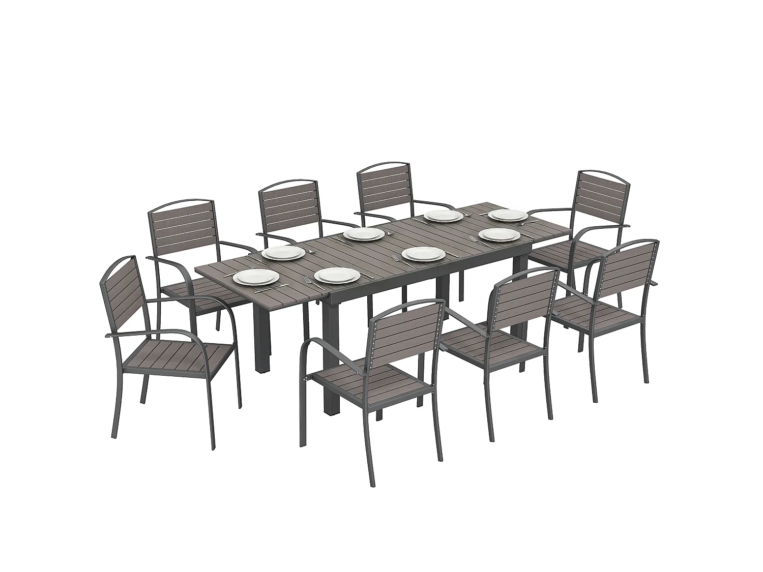 Set da pranzo estensibile in alluminio e legno composito grigio