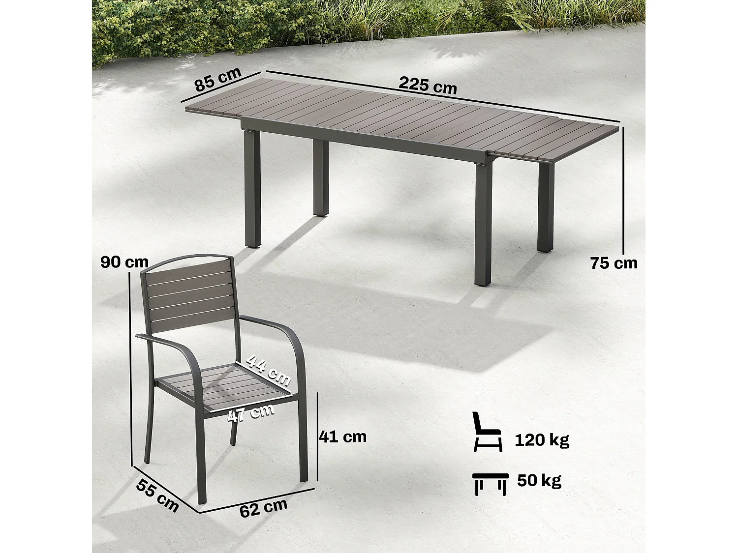 Set da pranzo estensibile in alluminio e legno composito grigio