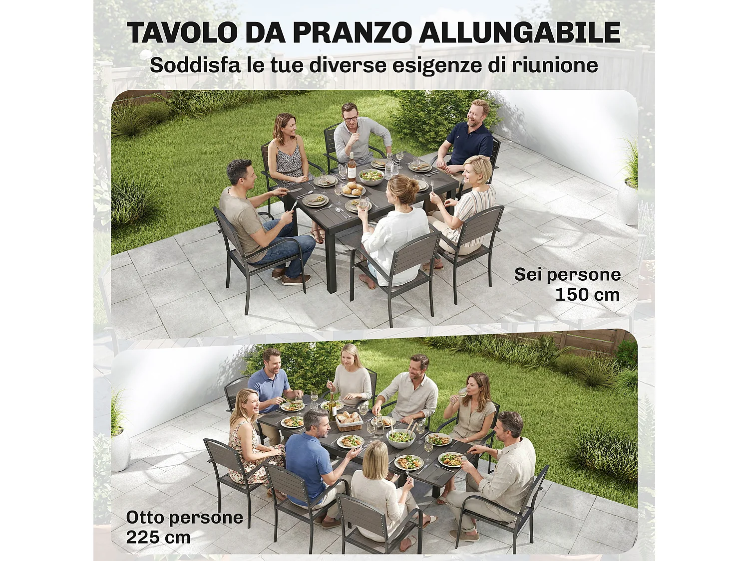 Set da pranzo estensibile in alluminio e legno composito grigio